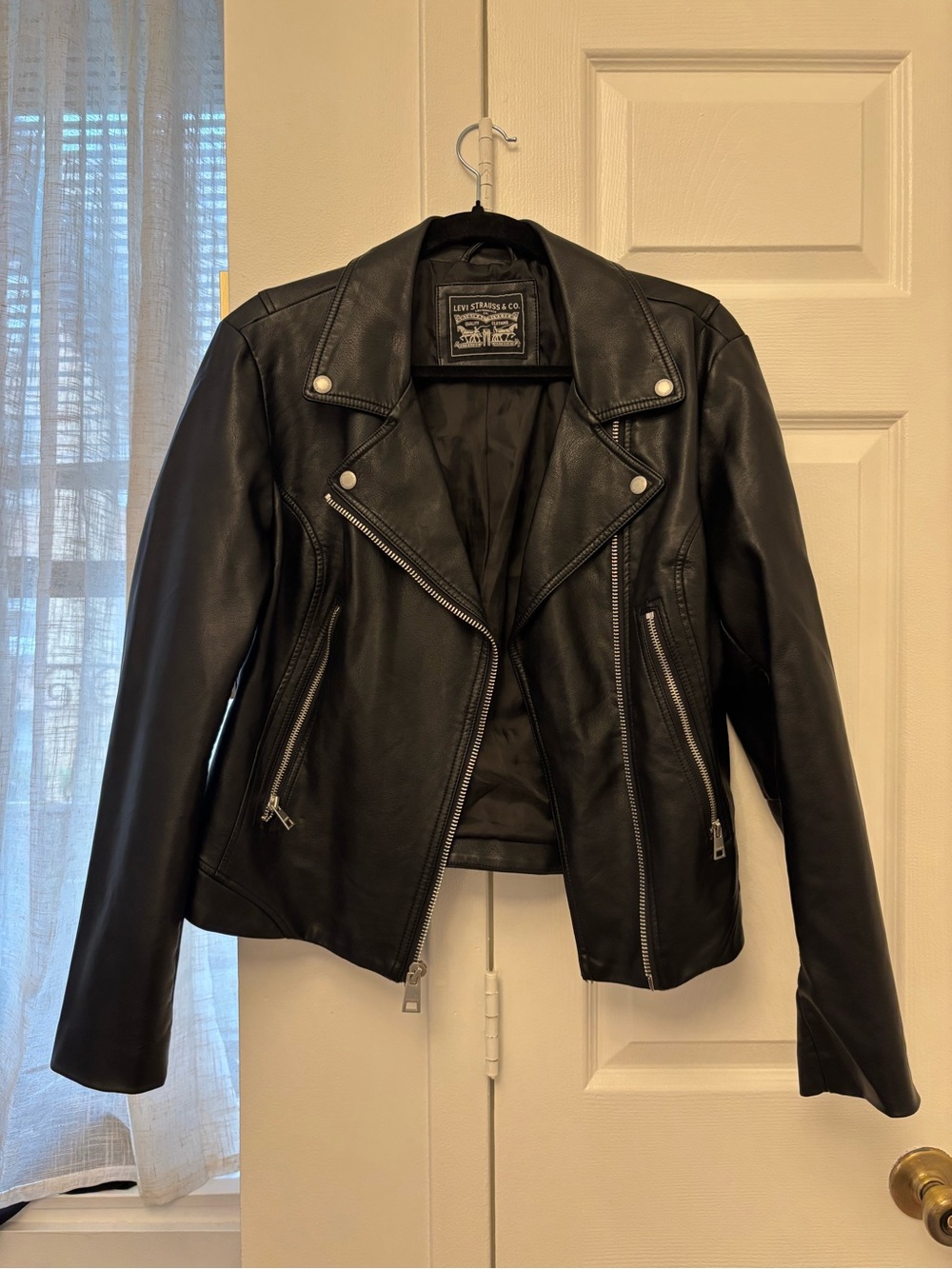 Levi Women's Black Faux Leather Moto Jacket with Silver Hardware